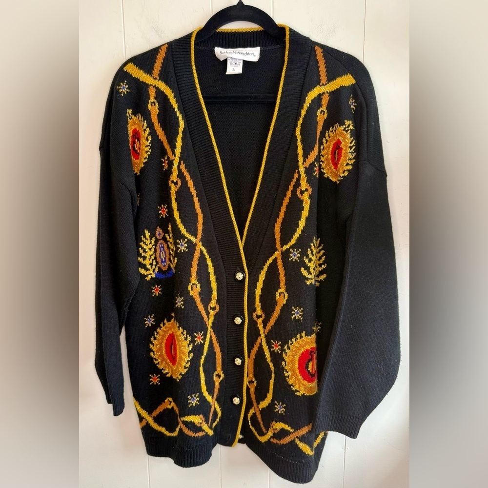 Norton McNaughton Black Cardigan with Vibrant Gold and Red Accents
